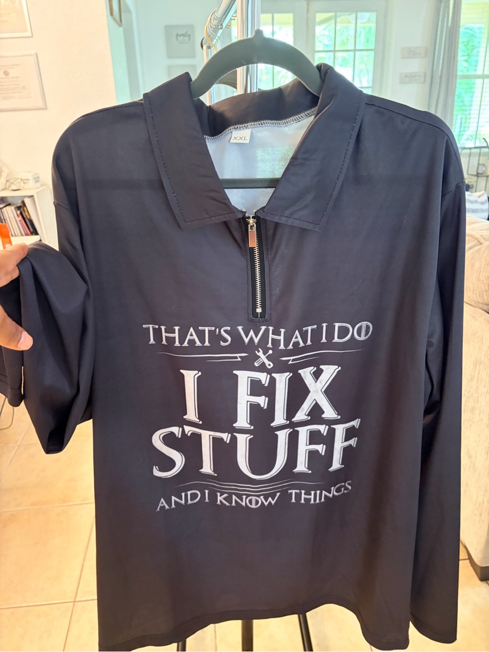 Navy Zip-Front Pullover Tee - "I Fix Stuff" Graphic